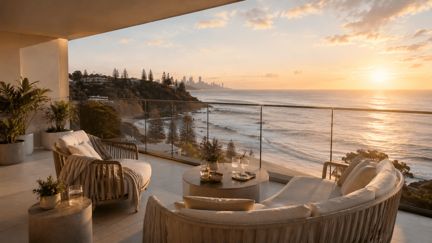 Gold Coast apartment balcony at sunset overlooking the ocean
