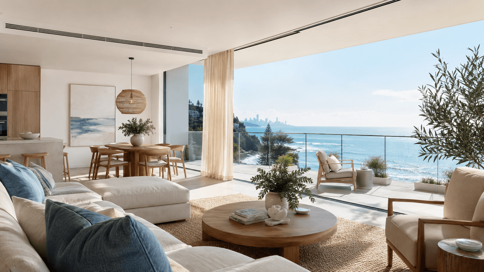 Premium Gold Coast apartment living area opening to an ocean-view balcony with curated coastal interiors
