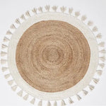 Bohemian Cream & Natural Braided Jute Cotton Round Rug with Tassel 120 x 120 cm-1